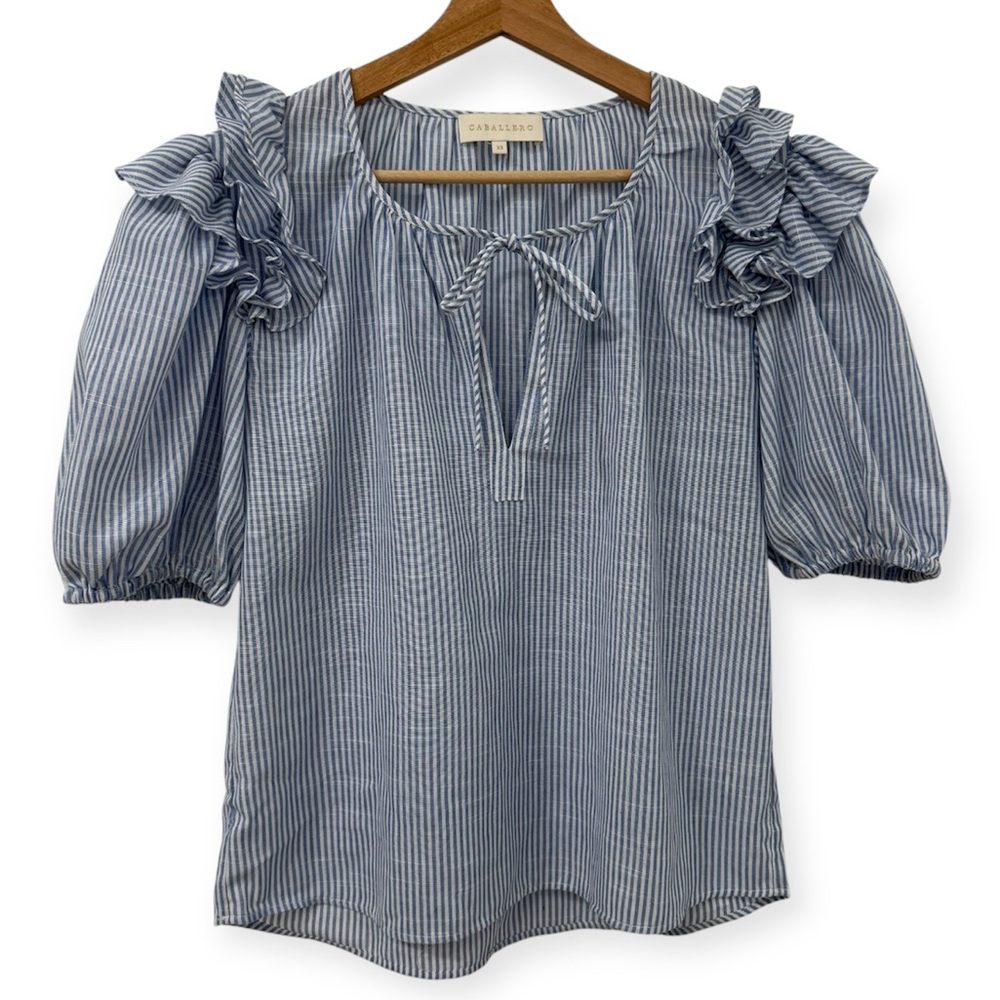 Caballero Split Neck Ruffle Puff Sleeve Striped Top XS